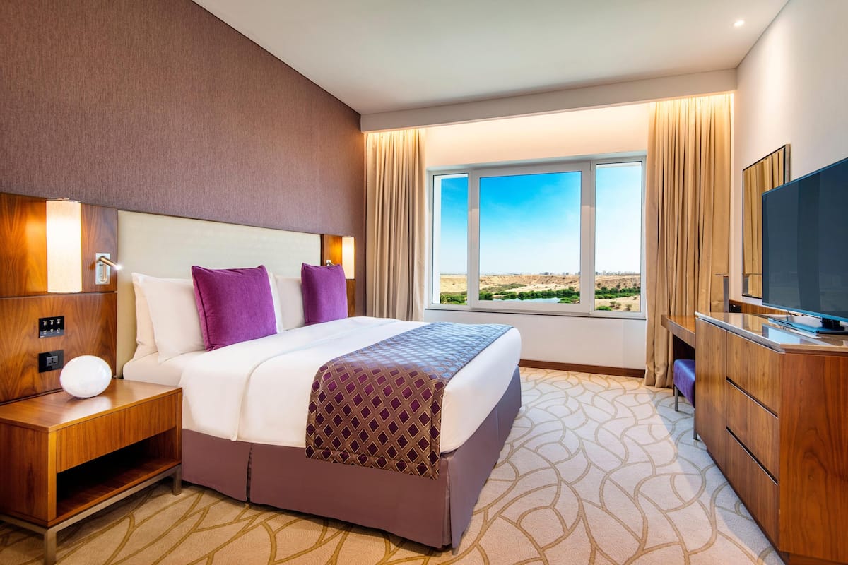 Habitación de hotel con una cama grande, televisión, mesita de noche de madera y vistas al desierto.