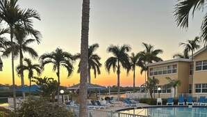 A pool area with lounge chairs, palm trees, and a building in the background. - SEA you soon! Totally refreshed from top to bottom! January 2027 available! (Indian Shores)