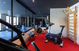 A gym with exercise equipment, a red carpet, and a wooden ladder.