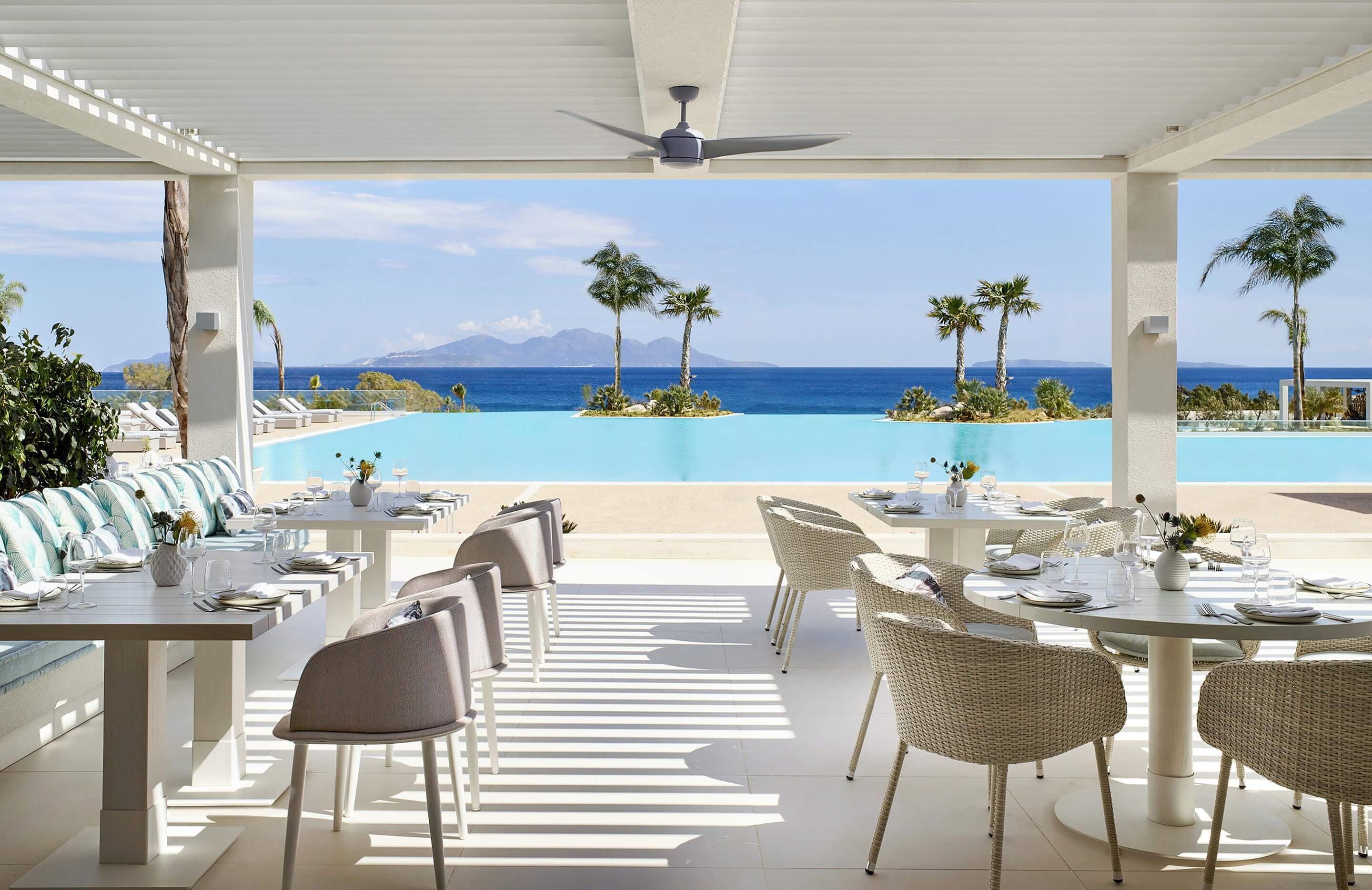 A poolside dining area with tables and chairs, overlooking a pool and the ocean.