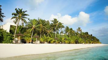A beach with white sand, clear turquoise water, and palm trees. There are lounge chairs and umbrellas along the shore.