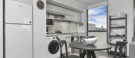 Fridge, microwave, oven, stovetop