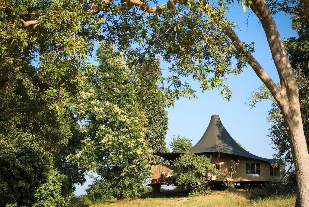 A house with a unique conical roof, surrounded by lush greenery and trees.