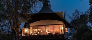 A treehouse-style accommodation with a balcony, large windows, and interior lighting.