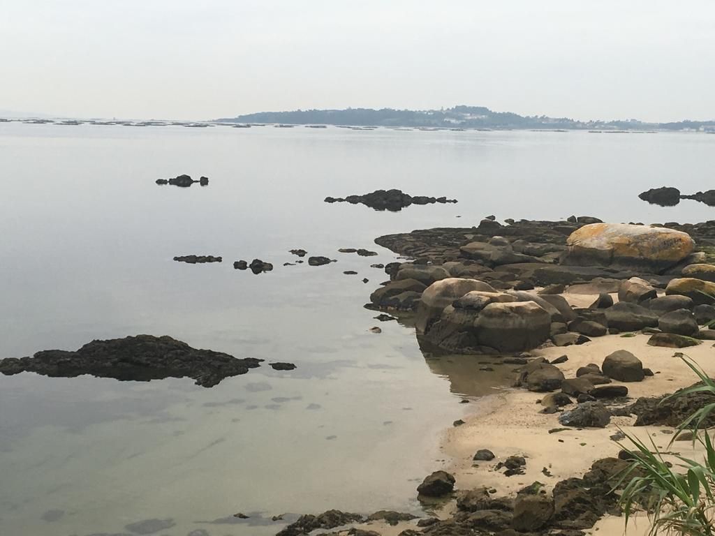 A calm river with rocks and a distant shoreline.