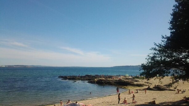 Una playa con gente tomando el sol y nadando, afloramientos rocosos y un cielo despejado.