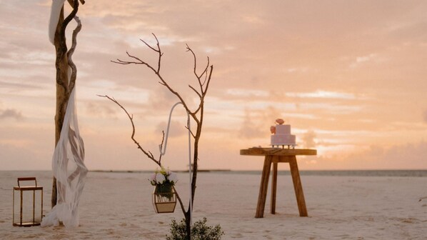 A beach wedding setup with a tree, a table with a cake, and a lantern.