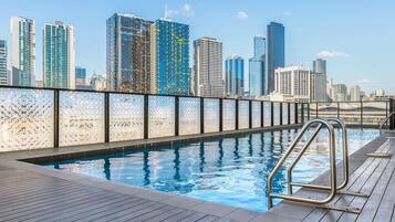A rooftop pool with a city skyline in the background.