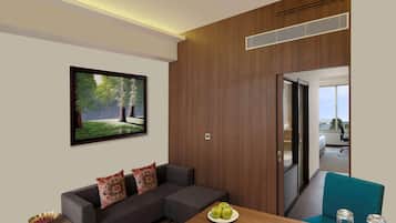 Een moderne kamer met een bank, een eettafel met appels en glazen, een schilderij van een bos, en uitzicht door een deur.