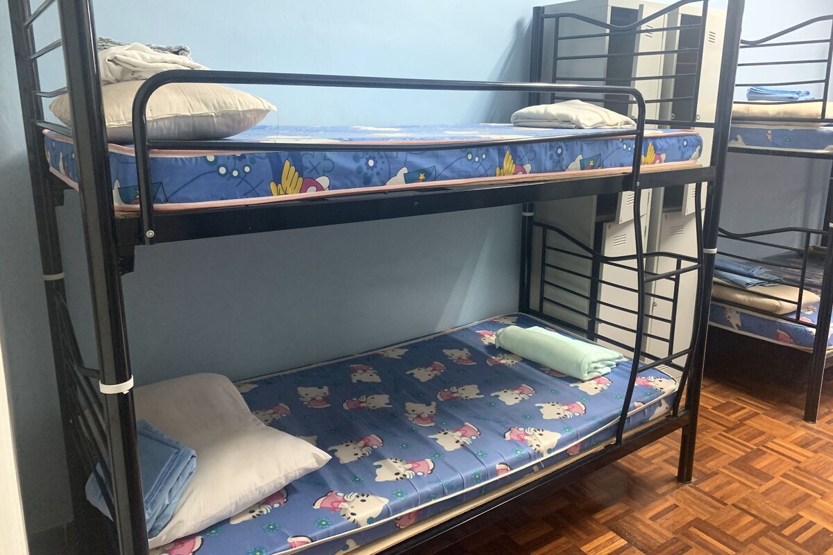 A bunk bed room with a blue patterned mattress, pillows, and a wooden floor.