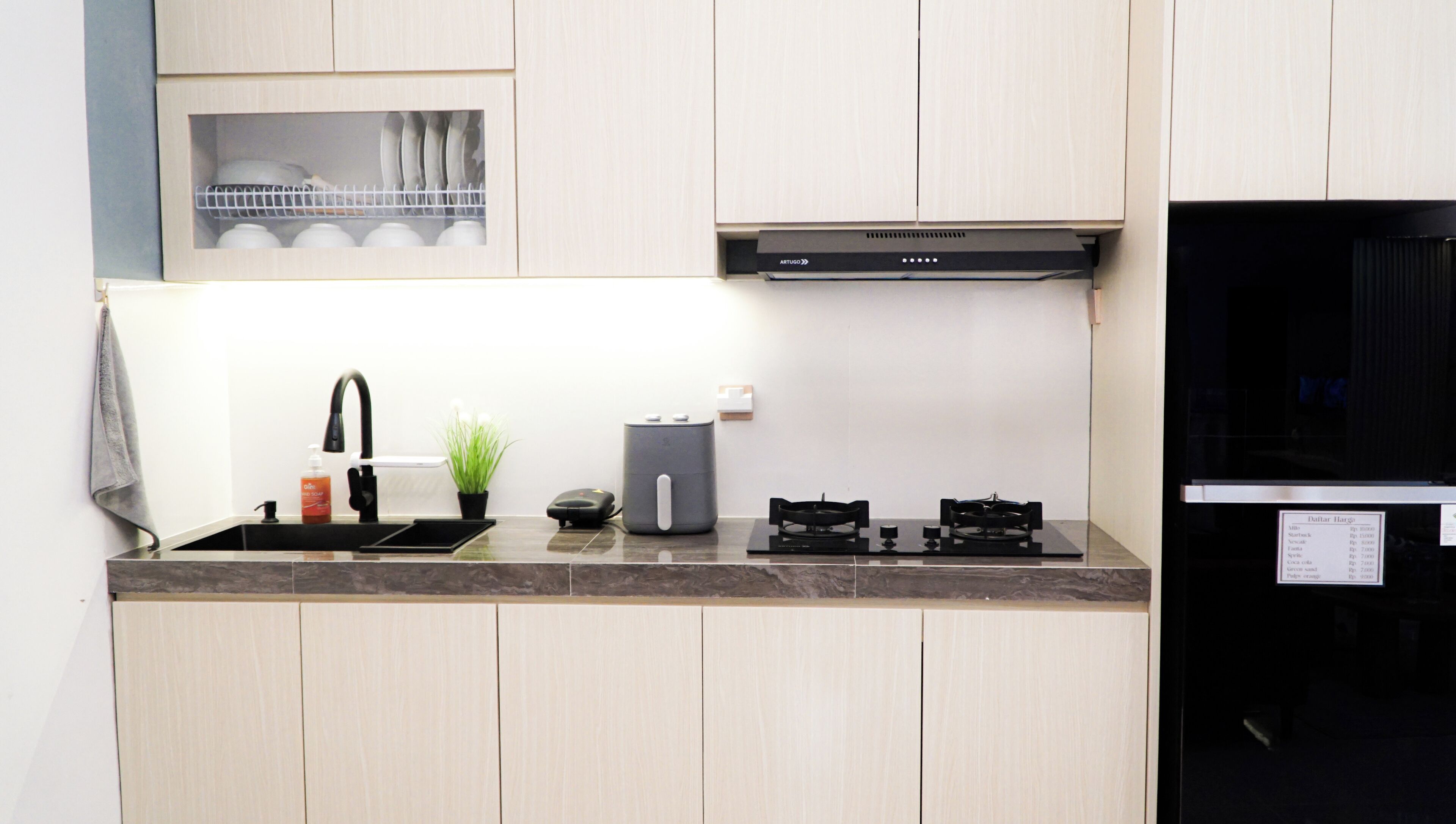 Una cocina moderna con horno empotrado, cocina a gas, un lavamanos y una pequeña planta.