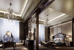 A luxurious hotel room with a large bed, a sitting area with a sofa and a desk, and a cityscape view through the windows. - Wyndham Grand Foshan Gaoming (Foshan)