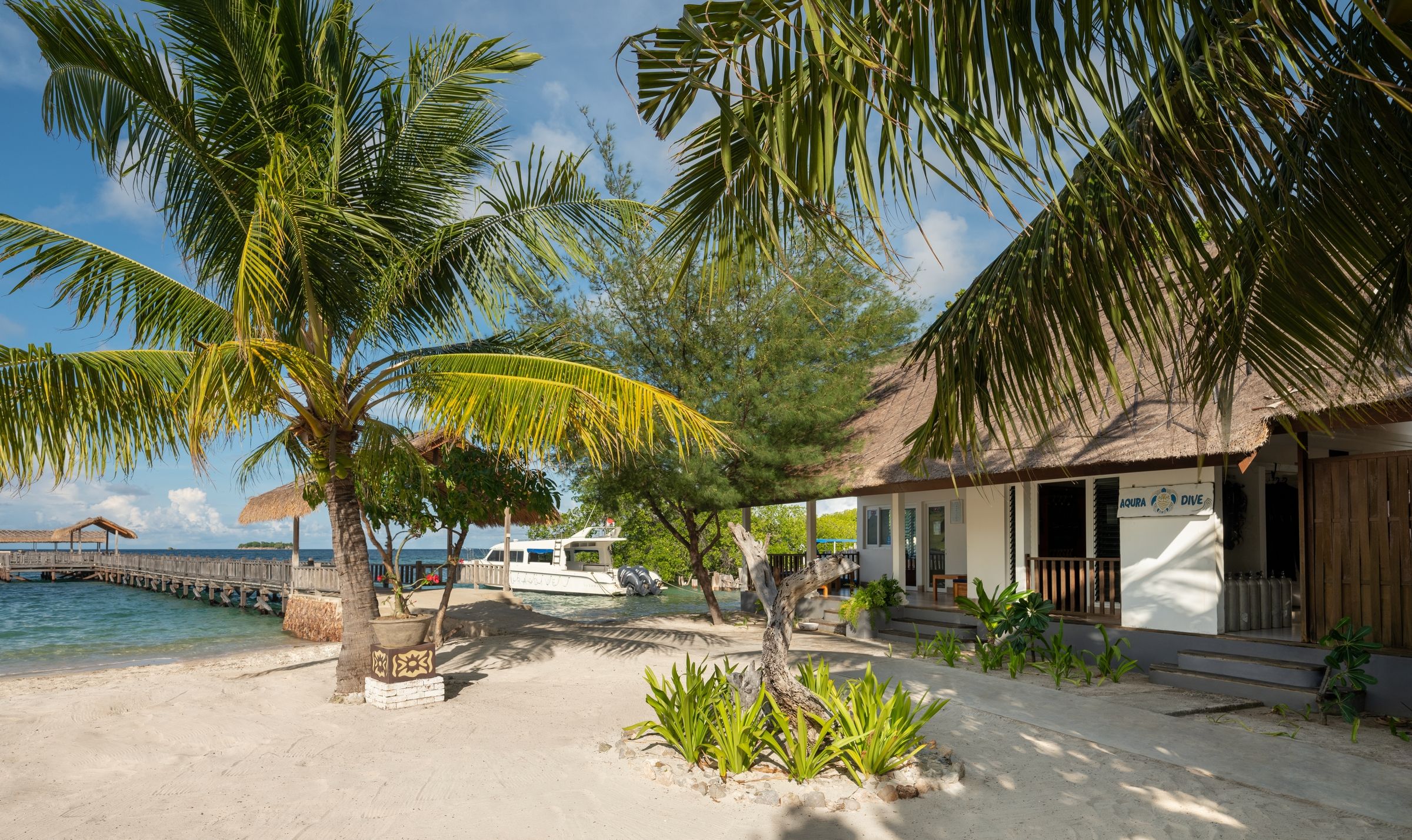A beachside hotel with a thatched-roof structure, a dock, and a clear view of the ocean.