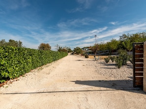 Ein Kiesweg führt zu einem Gebäude mit blauem Dach, umgeben von Grünflächen unter klarem Himmel.
