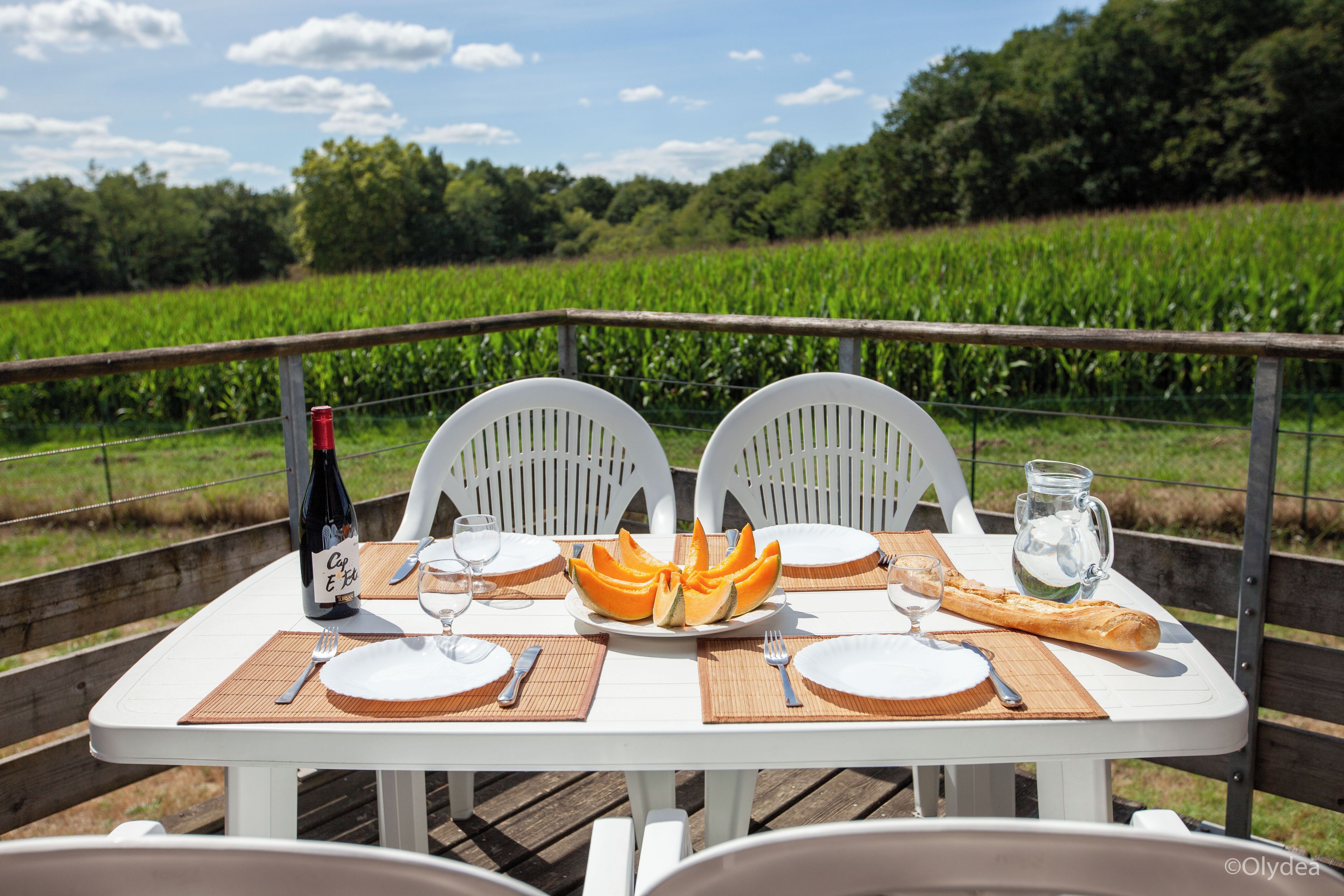 A table set for two with a bottle, wine glasses, plates, cutlery, a baguette, and a pitcher of water.