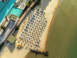 Ett flygbildsbild av en strand med rader av parasoller och solstolar, en swimmingpool och en byggnad med ett platt tak.