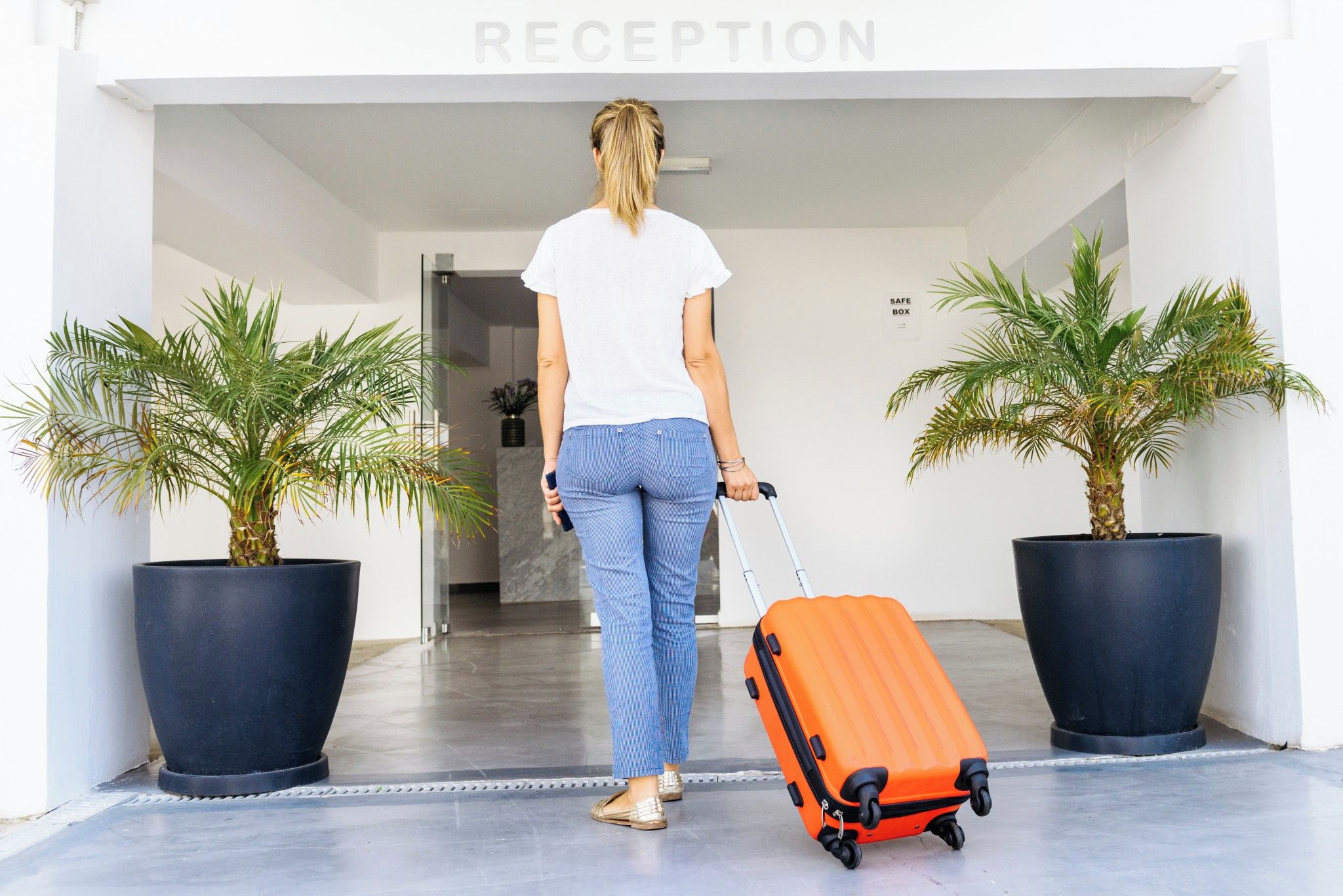 A reception area with a sign, potted plants, and a person with a suitcase.