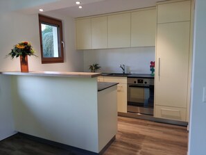 A modern kitchen with a central island, built-in oven, and a window above the sink. - Schweizer, Obersaxen-Affeier, (Obersaxen), 34006B by Interhome (Obersaxen Affeier)