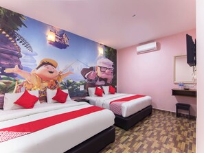 A hotel room with two beds, a mural on the wall, an air conditioning unit, a small table, and a television.