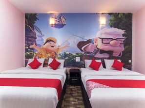 A hotel room with two beds, each with red and white bedding, and a mural on the wall depicting animated characters. - Nova Hotel Ipoh by Zuzu (Ipoh)