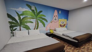 A hotel room with two beds, a mural of cartoon characters, and a wooden floor. - Nova Hotel Ipoh by Zuzu (Ipoh)