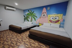 A hotel room with two beds, a wall mural of cartoon characters, a patterned floor, and an air conditioning unit. - Nova Hotel Ipoh by Zuzu (Ipoh)