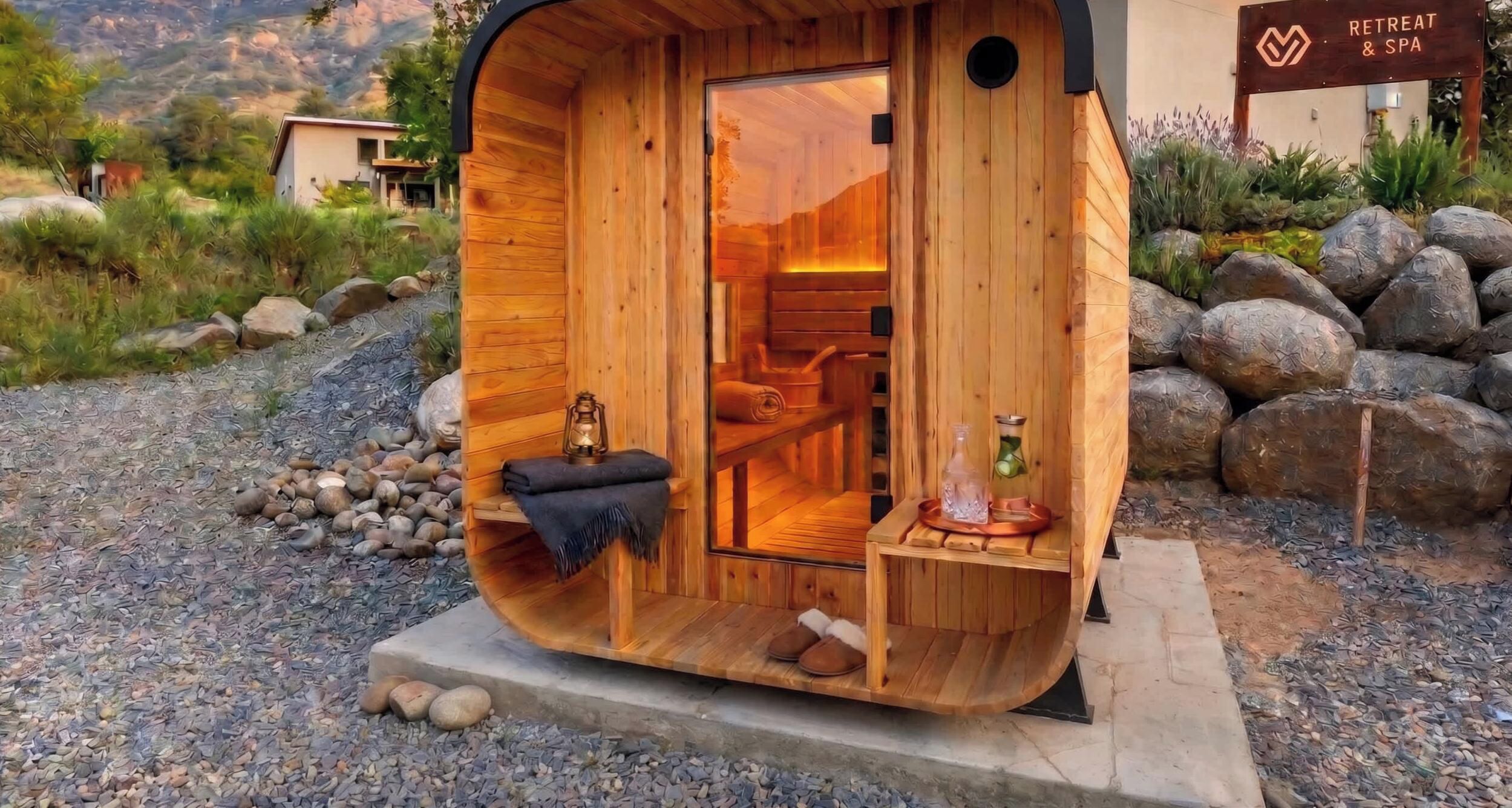 Eine Holz-Sauna mit Sitzbank, einem kleinen Tisch mit Flasche und Glas sowie Blick auf eine gebirgige Landschaft.