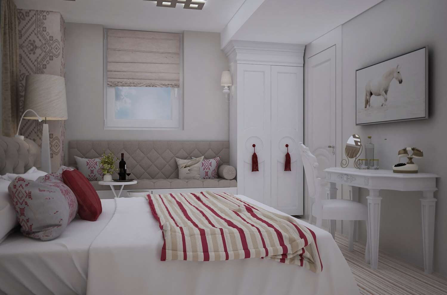 A bedroom with a bed, bedside table, lamp, and a window.