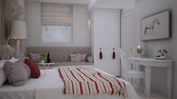 A bedroom with a bed, bedside table, lamp, and a window.