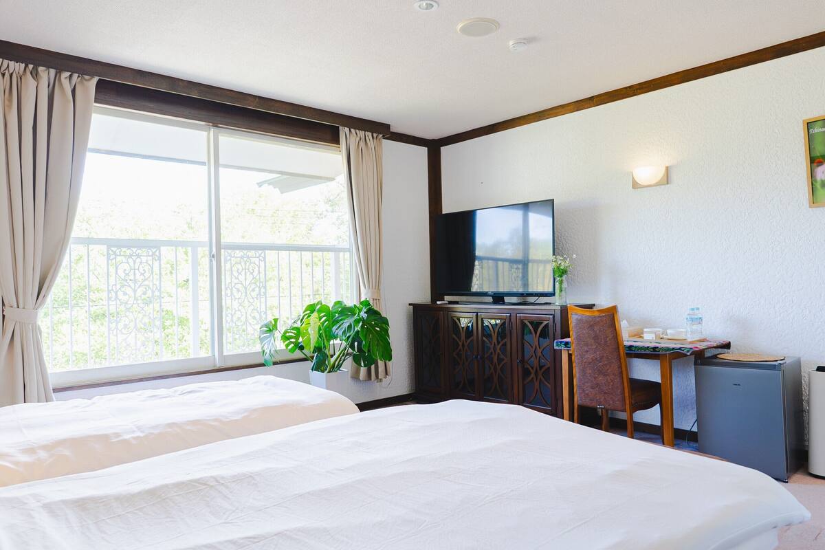 Une chambre d’hôtel avec deux lits, un bureau avec une télévision, une chaise et une plante en pot.