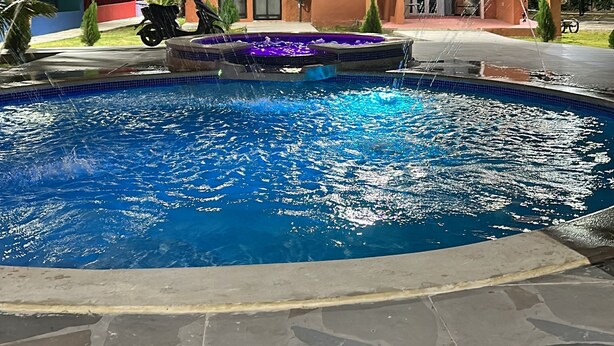 A swimming pool with a fountain, a building with a blue roof, and a palm tree.