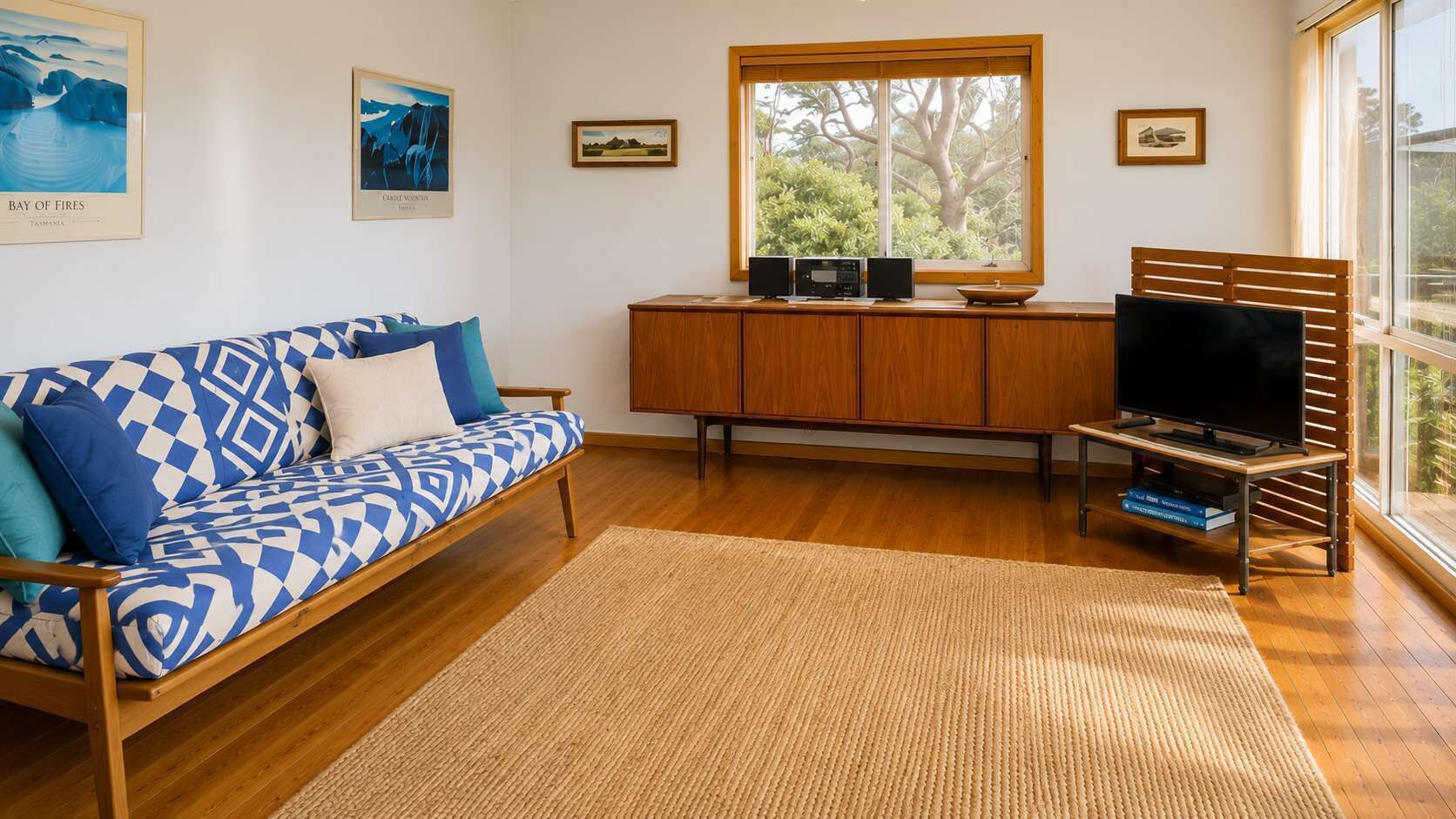 A living room with a sofa, a television, a cabinet, and a window with a view of trees.