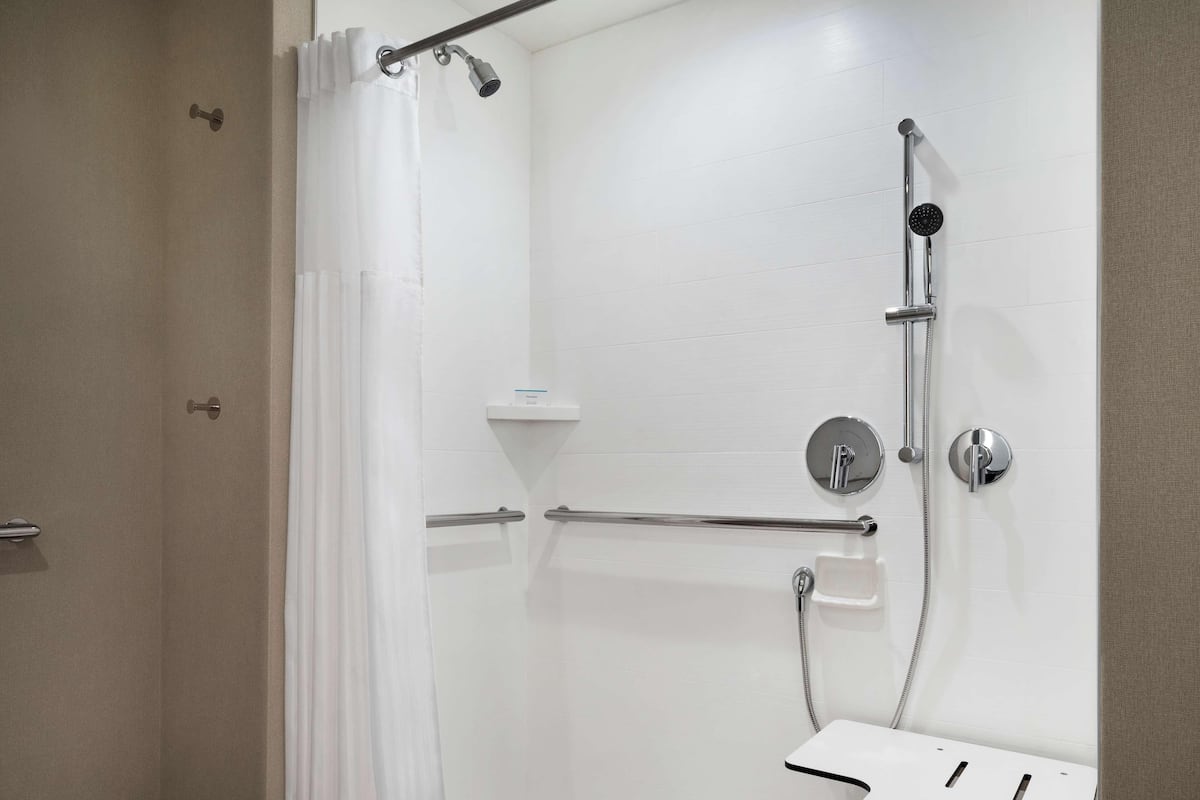 A modern shower area with a handheld showerhead, a wall-mounted faucet, and a handrail.