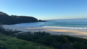 Un paysage côtier comprenant une plage, des zones herbeuses et une falaise.
