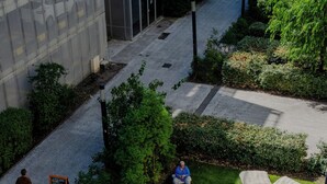 An outdoor seating area with tables and umbrellas, a paved walkway, and greenery.