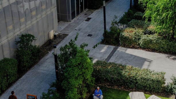 An outdoor seating area with tables and umbrellas, a paved walkway, and greenery.