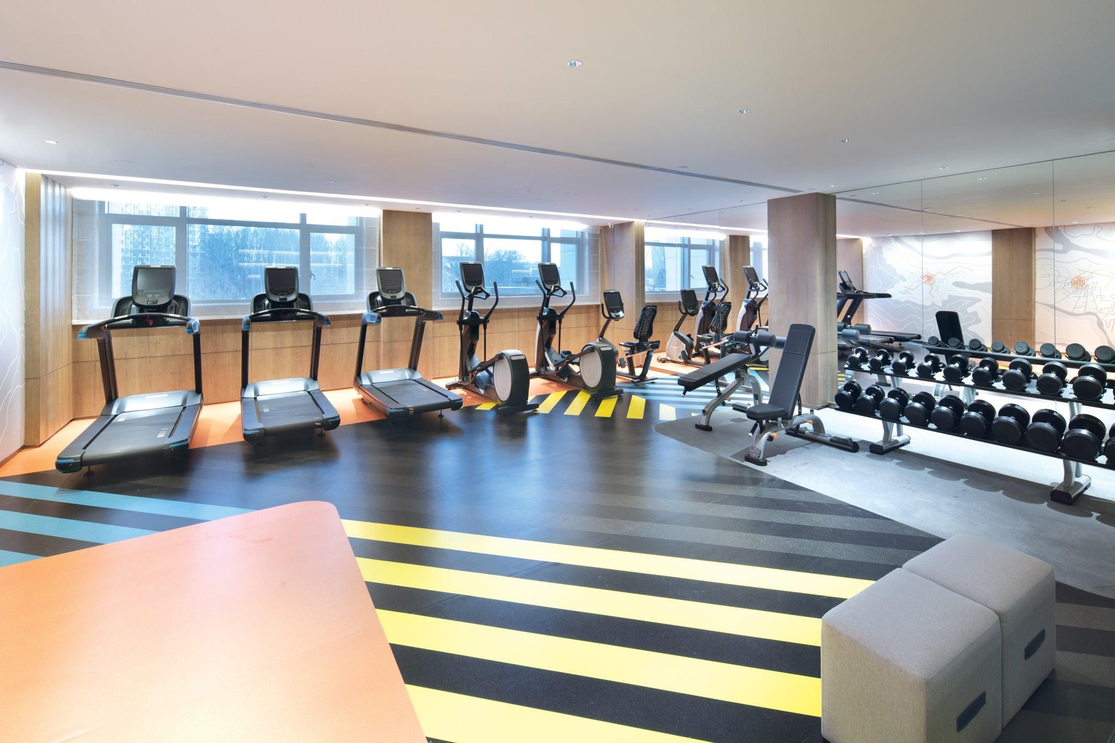 Ein Fitnessraum mit Laufbändern, Crosstrainern und einer Hantelbank.