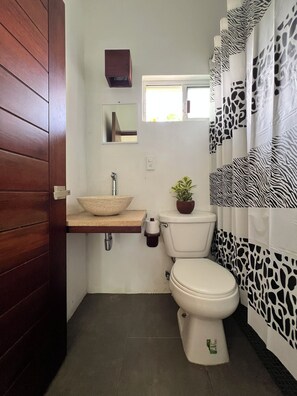 A bathroom with a wooden door, a sink with a bowl, a toilet, a small mirror, and zebra-patterned shower curtains. - Lifestyle Hotel Juquilita - La Punta (Santa María Colotepec)