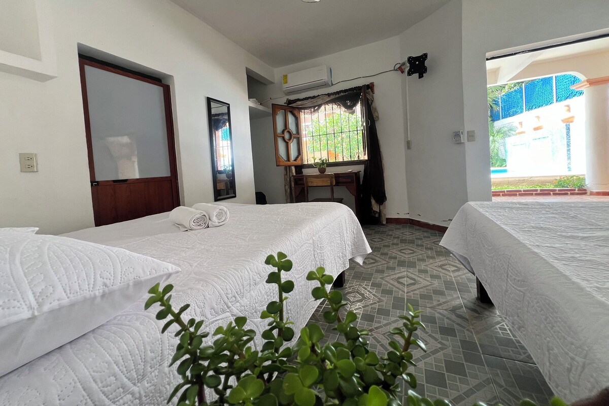 A hotel room with two beds, a desk, a mirror, and a window with a view of greenery.