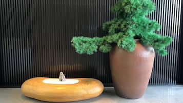 Un banco de madera con un tocón de árbol como centro, una planta grande en maceta y un muro con rayas verticales.