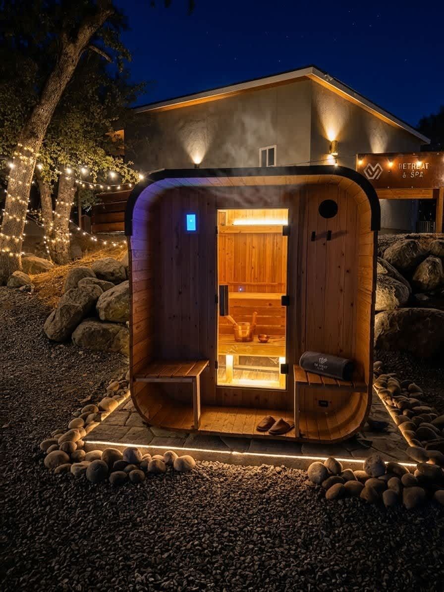 A wooden sauna with a bench and a small table, surrounded by rocks and a house in the background.
