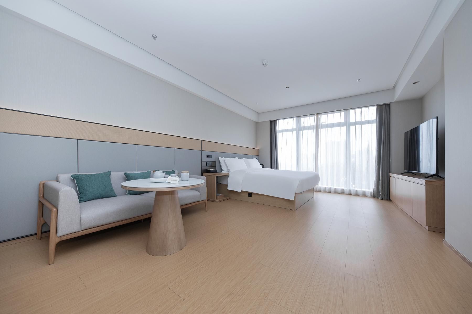 A modern hotel room with a bed, sofa, bedside table, and a TV.