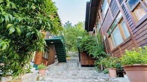 Una estrecha escalera de piedra que sube hacia un edificio de madera con balcones y plantas en macetas.