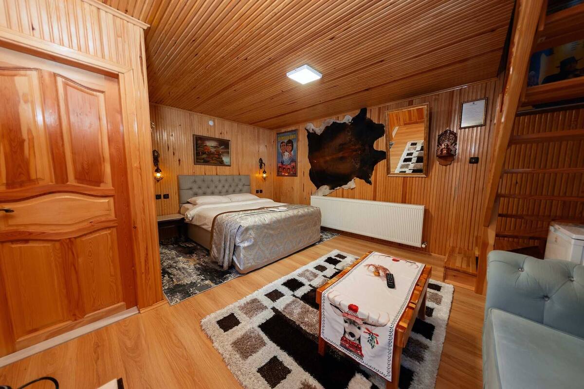 Ein Zimmer mit Holzwänden, einem Bett, einer Couch, einem Teppich und einer Wand mit einem großen Loch.
