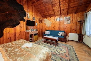 A wooden cabin interior with a sofa, a television, a desk, and a large animal hide on the wall.