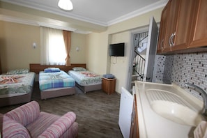 Ein Hotelzimmer mit zwei Betten, einem Sofa, einem Fernseher und einer Küchenzeile mit Spüle sowie einer Treppe.