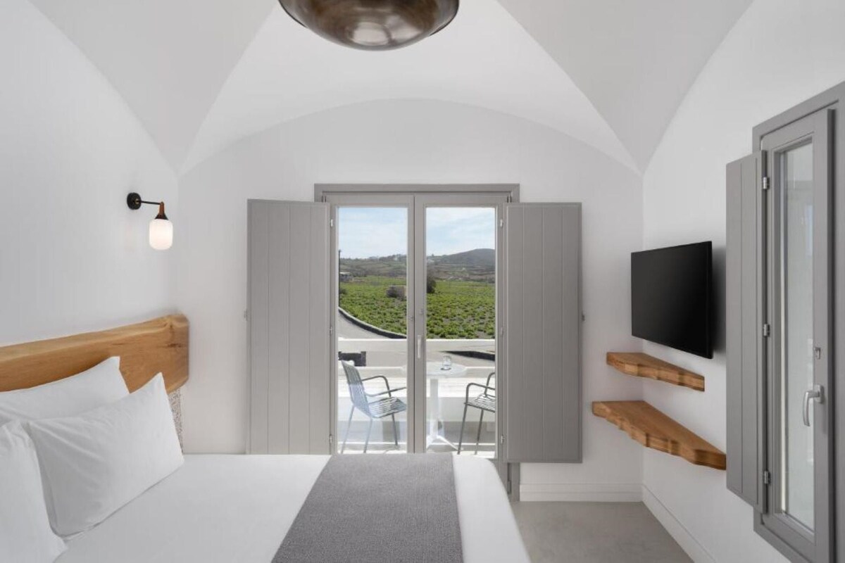 Un dormitorio con cama, televisor, balcón con sillas y vista a zonas verdes.