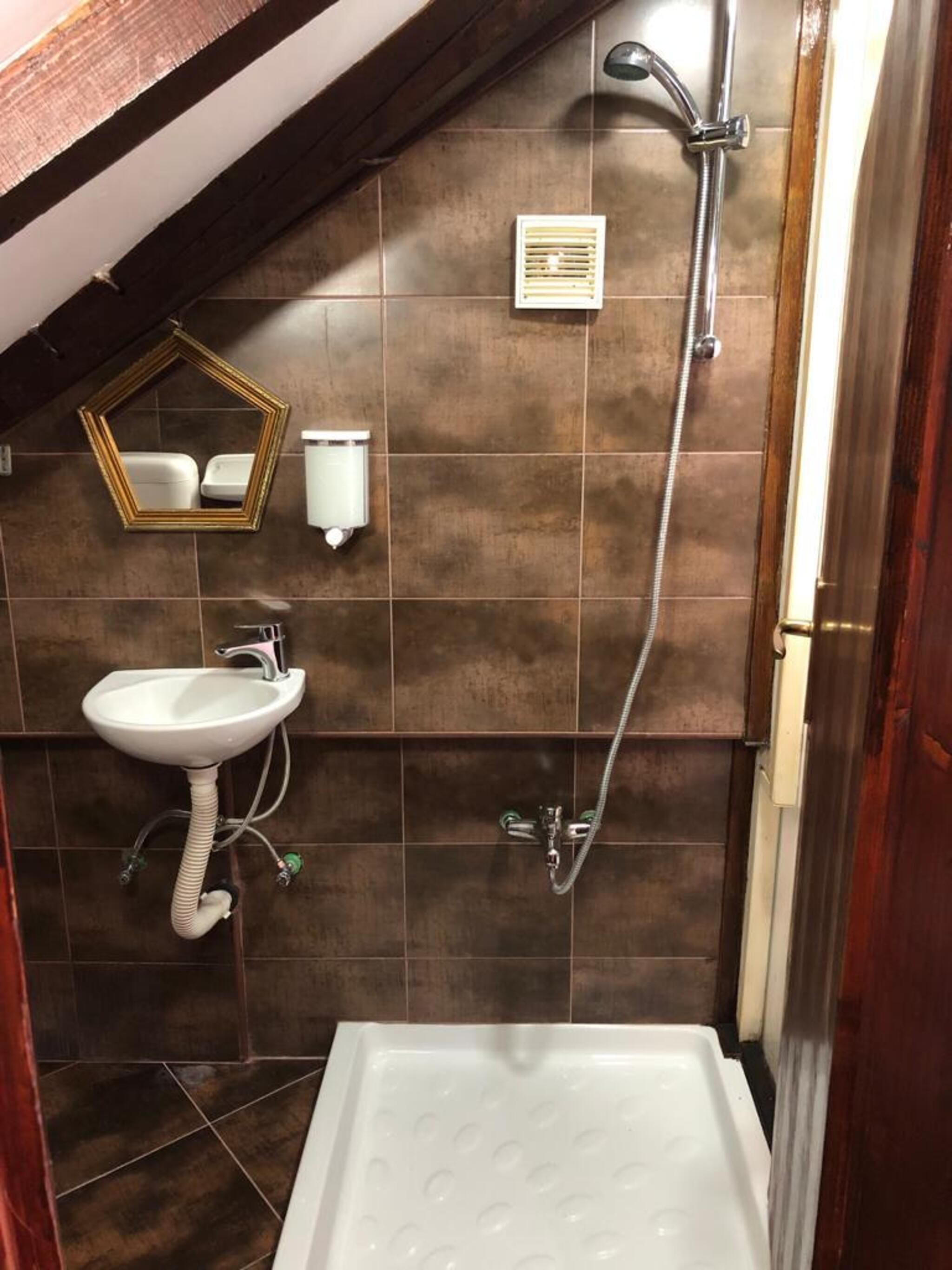 A bathroom with a shower, sink, and mirror.