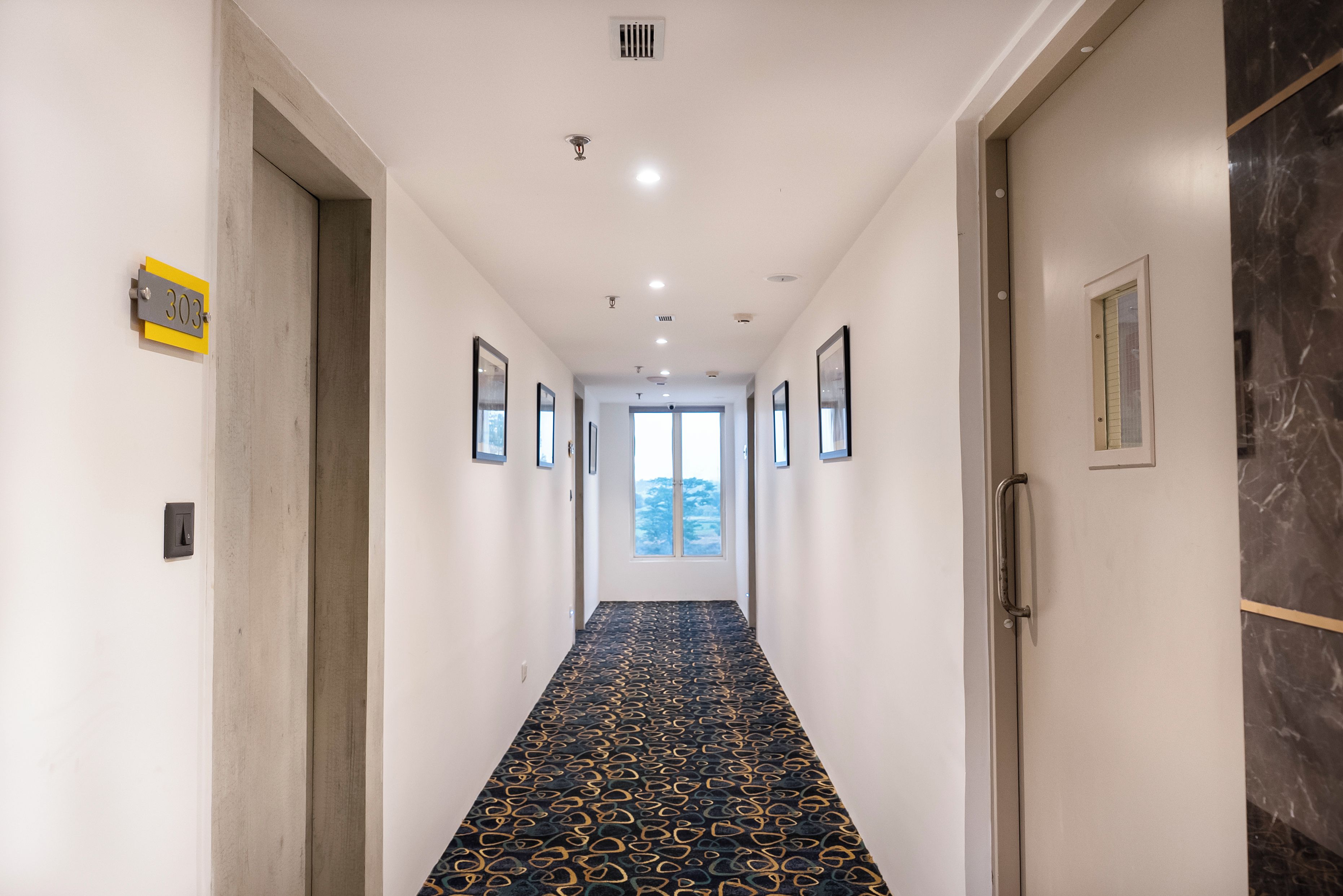A hallway with a patterned carpet, framed pictures on the walls, and a door with a number sign.