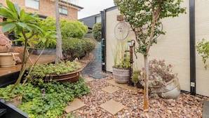Un jardin agrémenté de plantes en pot, d’un petit étang et d’un sentier.